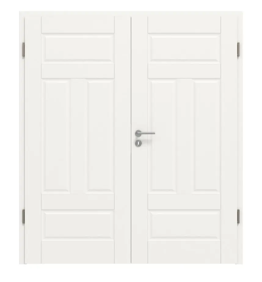 Widok frontowy drzwi dwuskrzydłowych Kontur 5 klasyczny biały lakier z ościeżnicą - Huga