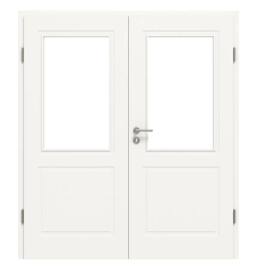 Widok frontowy drzwi dwuskrzydłowych LEBO Kopenhaga 20 biały lakier z przeszkleniem 1 LA z ościeżnicą