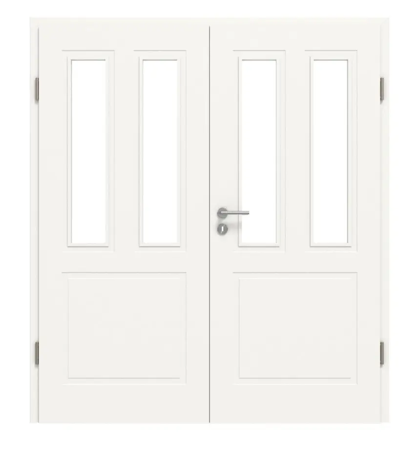 Widok frontowy marki LEBO, drzwi dwuskrzydłowe Kopenhaga 31, biały lakier, z przeszkleniem 2 LA i ościeżnicą