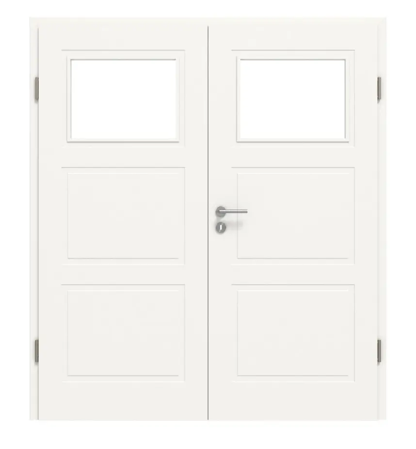 Widok frontowy marki LEBO drzwi dwuskrzydłowe Kopenhaga 32 biały lakier z przeszkleniem 1 LA z ościeżnicą