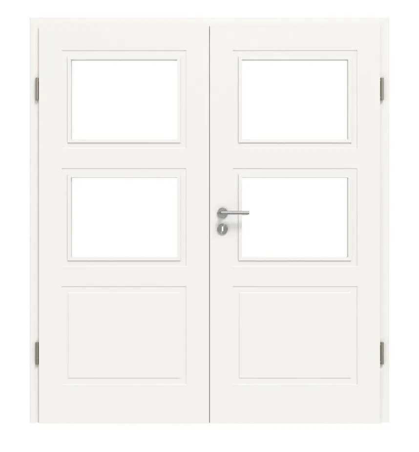 Widok frontowy marki LEBO drzwi dwuskrzydłowe Kopenhaga 32 biały lakier z przeszkleniem 2 LA z ościeżnicą