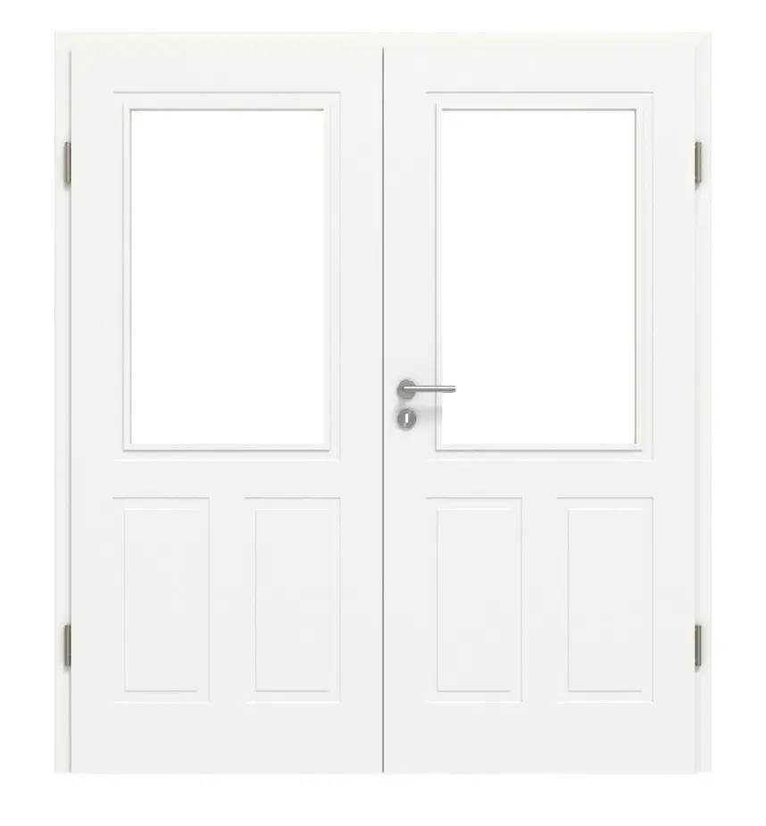 Widok frontowy drzwi dwuskrzydłowych LEBO Kopenhaga 40 biały lakier z przeszkleniem 1 LA z ościeżnicą.