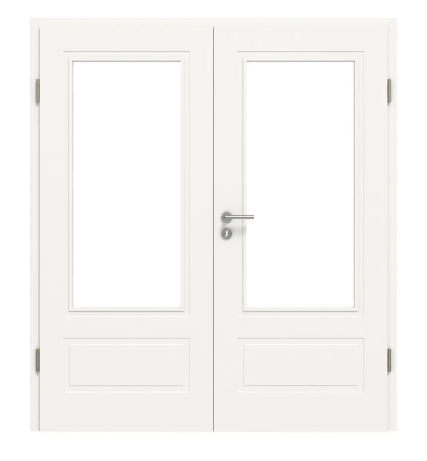 Widok frontowy marki LEBO drzwi dwuskrzydłowe Kopenhaga 41 biały lakier z przeszkleniem 1 LA z ościeżnicą.