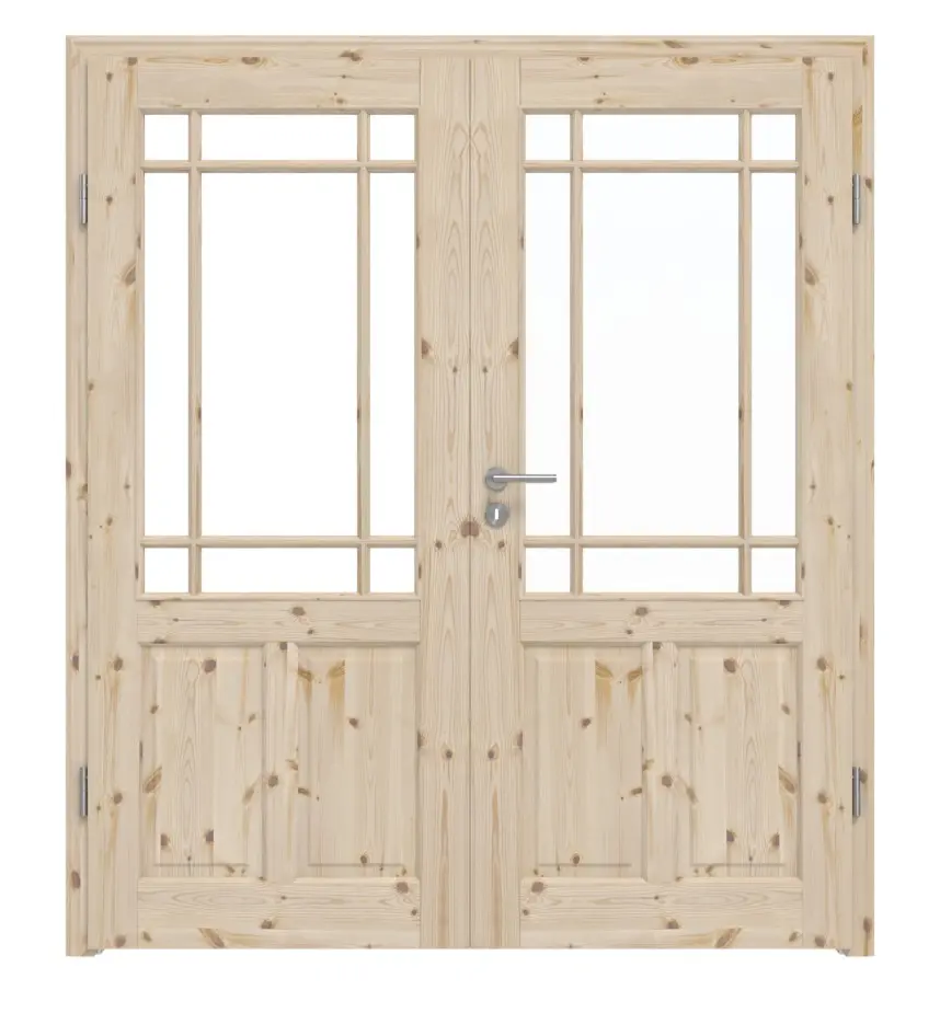 Widok frontowy typu 6002-04-SF9 sosna drewno lite drzwi dwuskrzydłowe z ościeżnicą - Radex