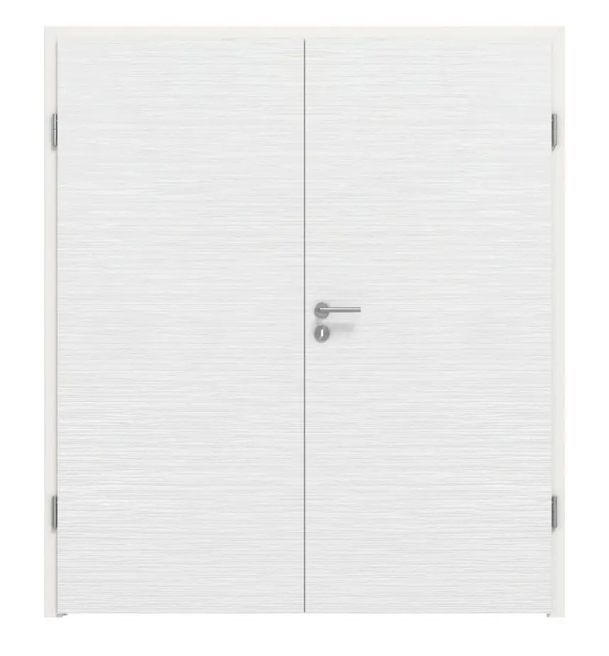 Widok frontowy drzwi dwuskrzydłowych LEBO, szczotkowane, biały beskidzki, podobny do RAL 9016, Lebosense z ościeżnicą