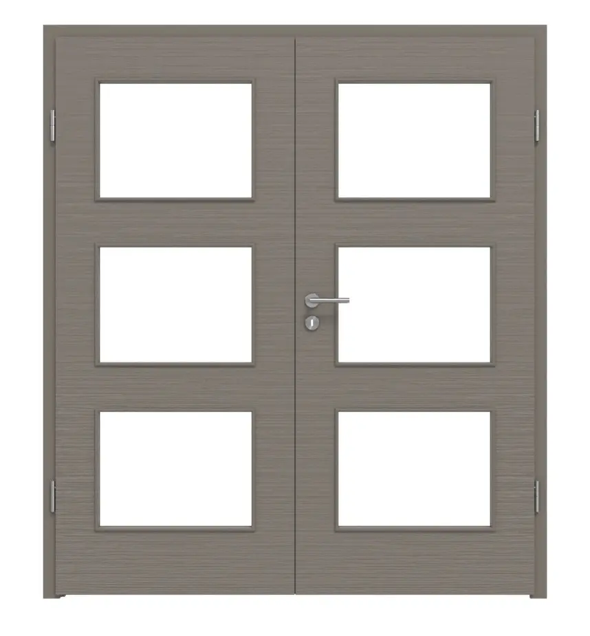 Widok frontowy drzwi dwuskrzydłowych firmy LEBO szczotkowane taupe (kolor ciemnoszaro-brązowy) Lebosense z przeszkleniem LA 11 wraz z ościeżnicą.