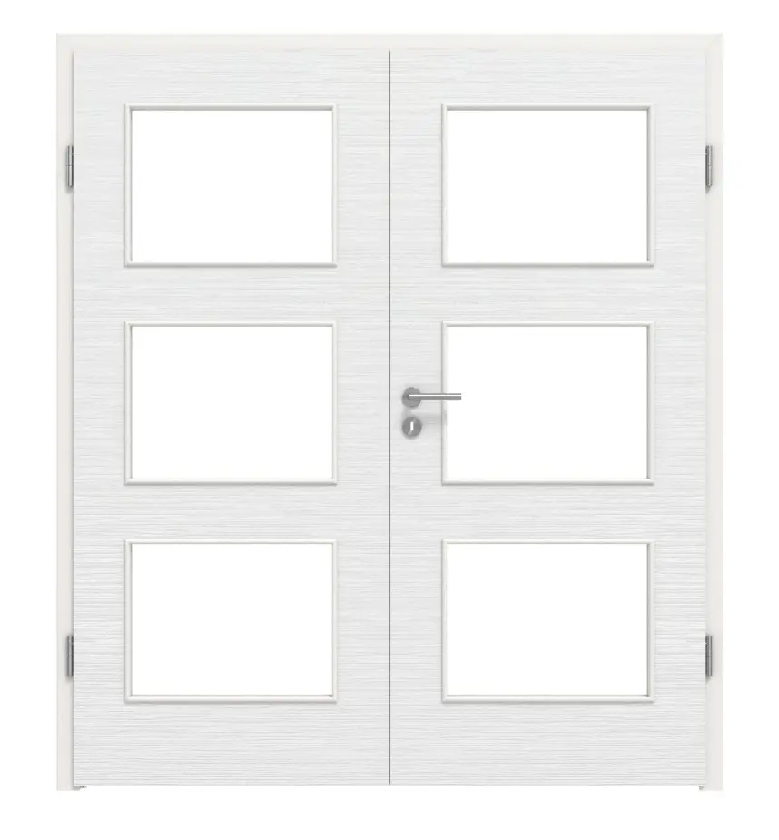 Widok frontowy marki LEBO drzwi dwuskrzydłowe szczotkowane biały beskidzki podobny do RAL 9016 Lebosense z przeszkleniem LA 11 z ościeżnicą