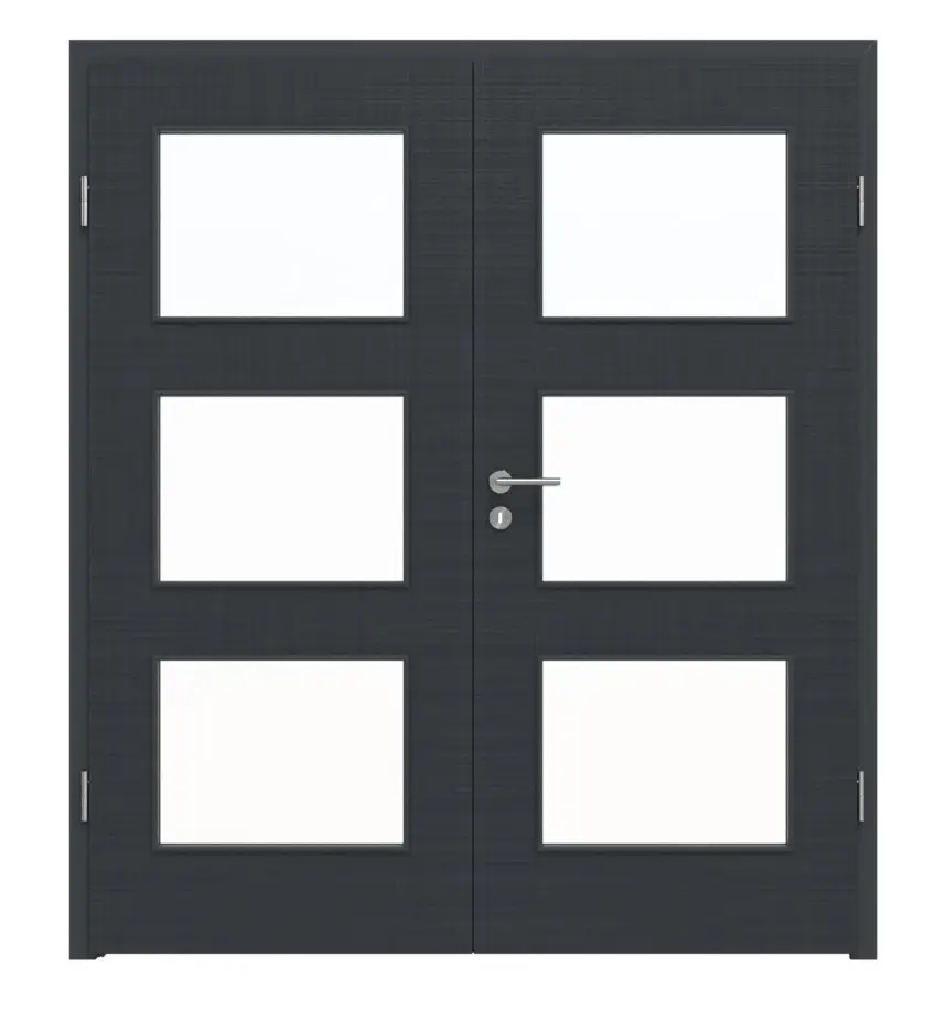 Widok frontowy LEBO drzwi dwuskrzydłowe Textile antracyt podobny do RAL 7016 Lebosense z przeszkleniem LA 11 wraz z ościeżnicą
