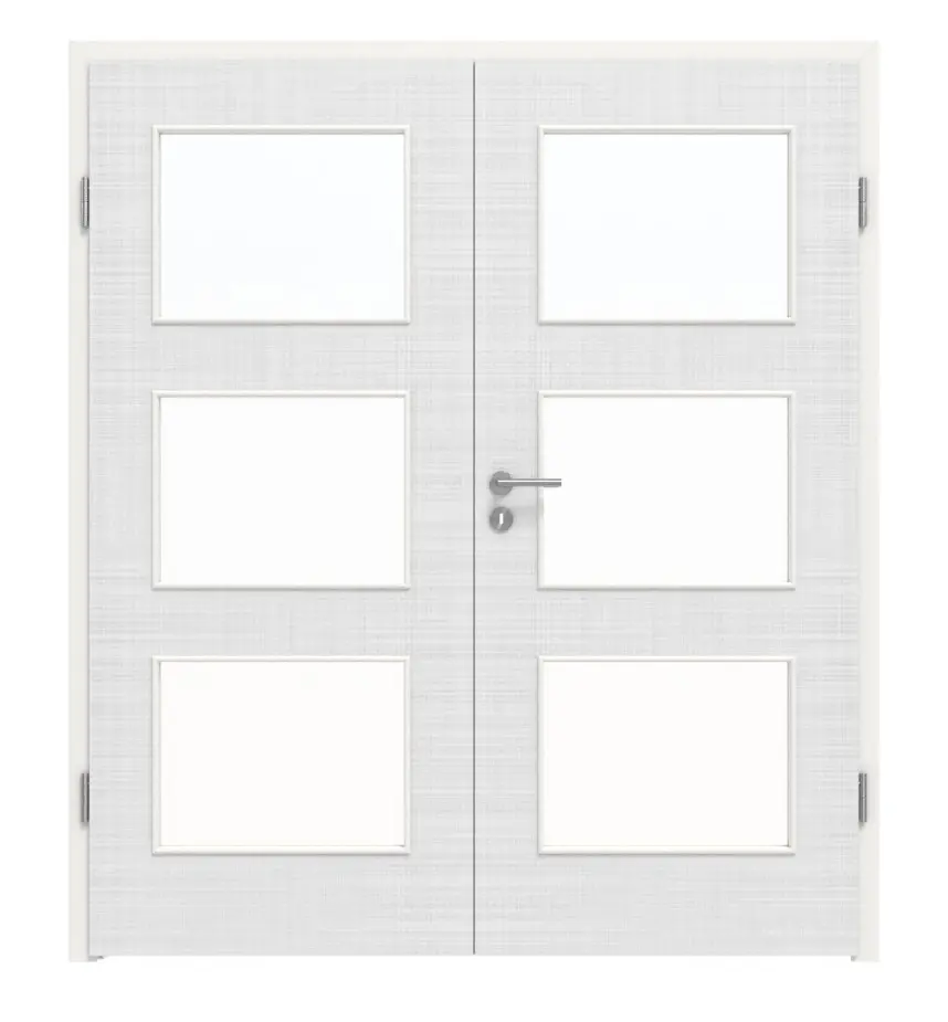 Widok frontowy drzwi dwuskrzydłowych marki LEBO, Tkanina biały beskidzki podobny do RAL 9016, Lebosense z przeszkleniem LA 11 wraz z ościeżnicą.