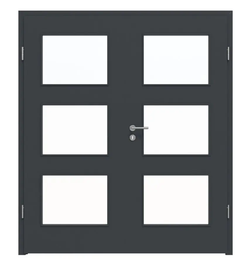 Widok frontowy marki LEBO, drzwi dwuskrzydłowe, ultramatowy antracyt podobny do RAL 7016 Lebosense z przeszkleniem LA 11, w tym ościeżnica.