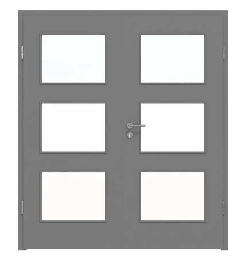 Widok frontowy drzwi dwuskrzydłowych marki LEBO, ultramatowy szary stalowy podobny do RAL 7037 Lebosense z przeszkleniem LA 11 wraz z ościeżnicą.