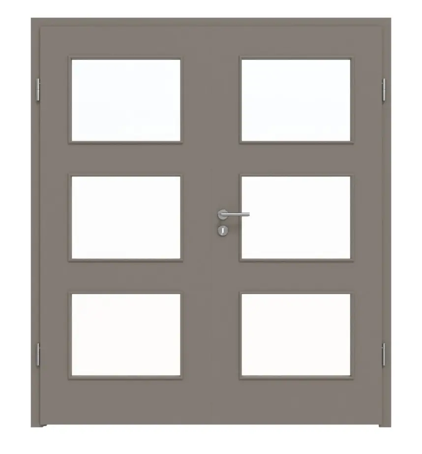 Widok frontowy marki LEBO drzwi dwuskrzydłowe ultramatowy taupe (kolor ciemnoszaro-brązowy) Lebosense z przeszkleniem LA 11 i ościeżnicą.