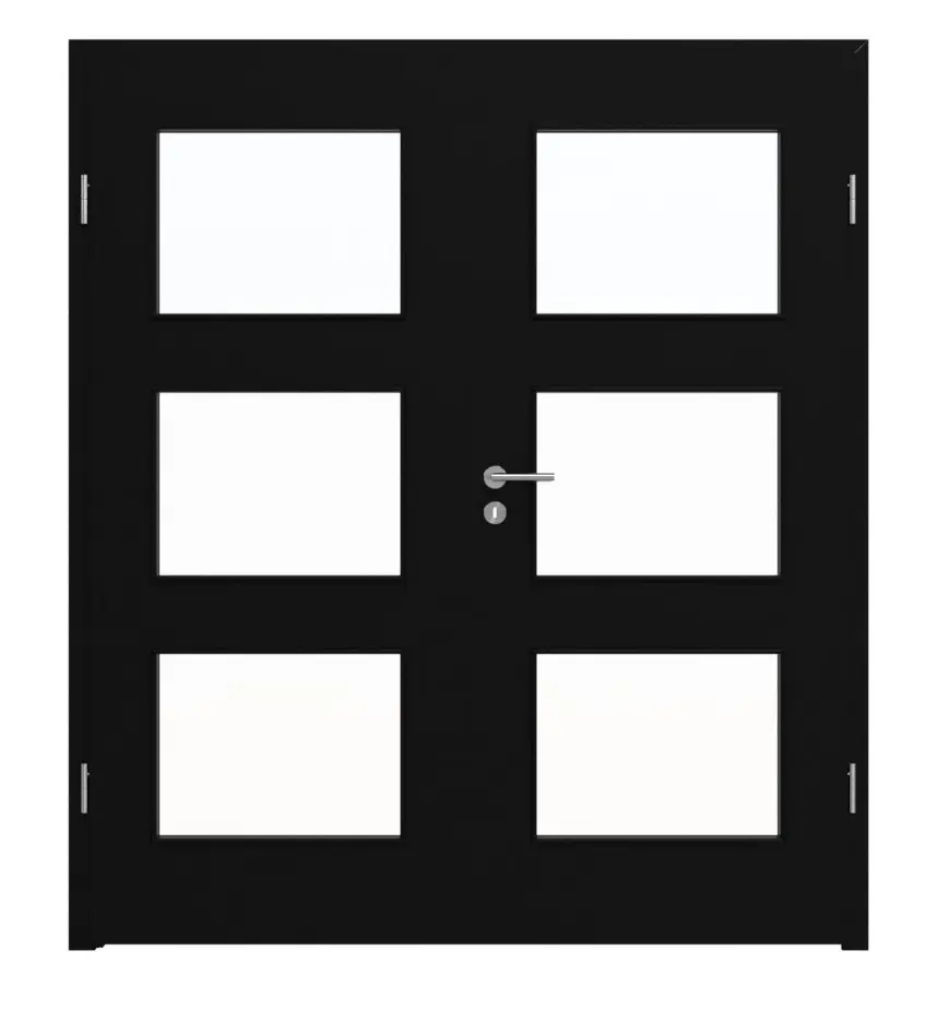 Widok frontowy drzwi dwuskrzydłowych LEBO czarny ultramatowy podobny do RAL 9005 Lebosense z przeszkleniem LA 11 wraz z ościeżnicą