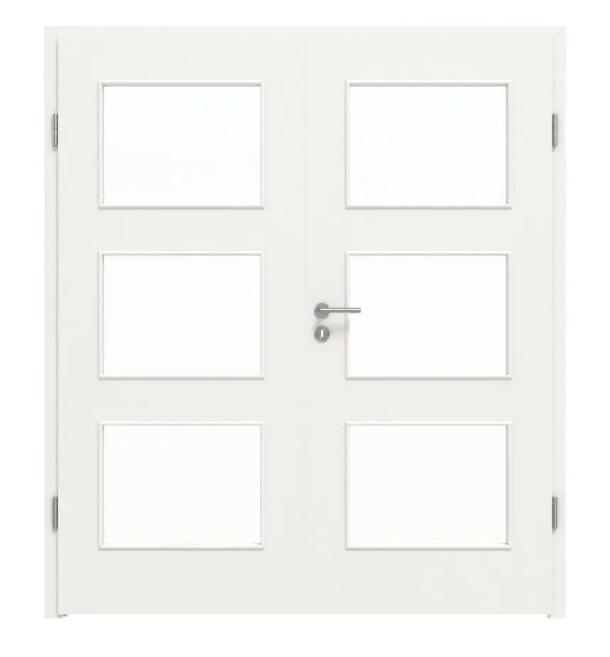 Widok frontowy marki LEBO, drzwi dwuskrzydłowe, ultramatowy biały beskidzki, podobny do RAL 9016 Lebosense z przeszkleniem LA 11 i ościeżnicą.