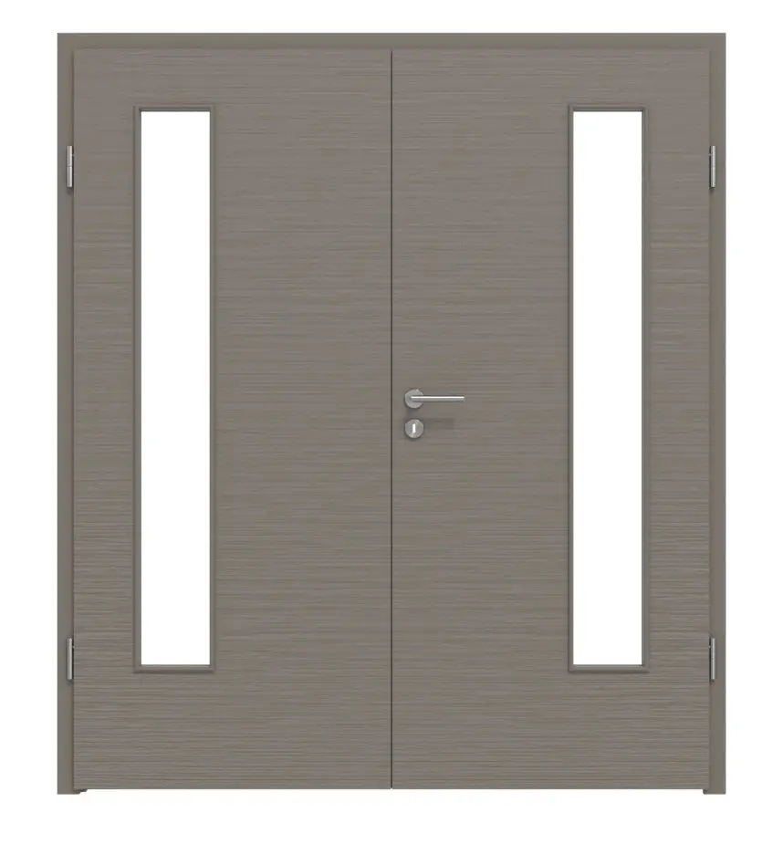 Widok frontowy marki LEBO drzwi dwuskrzydłowe Brushed taupe (kolor ciemnoszaro-brązowy) Lebosense z przeszkleniem LA 24 po stronie zawiasów z ościeżnicą