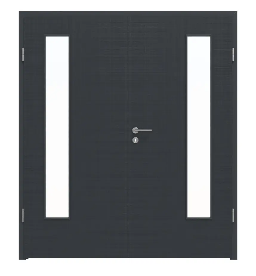 Widok frontowy marki LEBO drzwi dwuskrzydłowe Textile antracyt podobny do RAL 7016 Lebosense z przeszkleniem LA 24 po stronie zawiasów z ościeżnicą