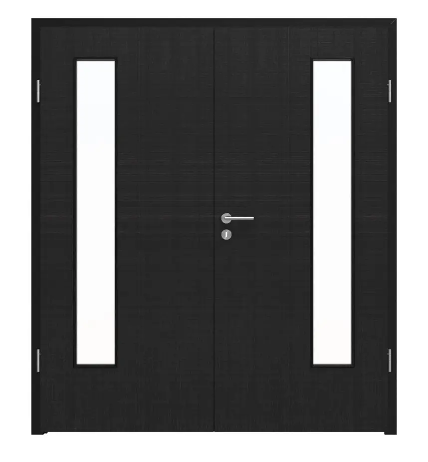 Widok frontowy marki LEBO drzwi dwuskrzydłowe Textile czarny podobny do RAL 9005 Lebosense z przeszkleniem LA 24 po stronie zawiasów z ościeżnicą