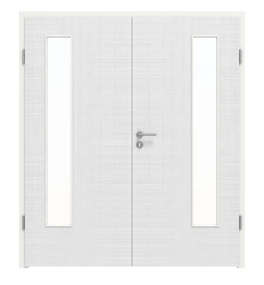 Widok frontowy drzwi dwuskrzydłowych firmy LEBO, biel bawełniana podobna do RAL 9016, Versio z przeszkleniem LA 24 po stronie zawiasów, w zestawie z ościeżnicą.