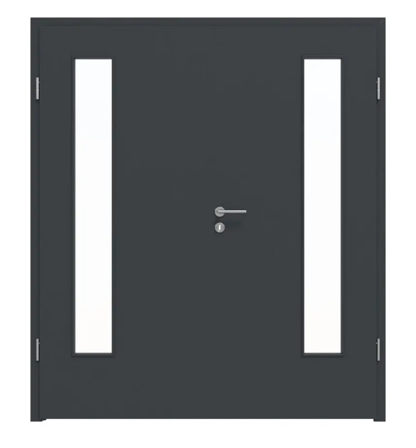Widok frontowy drzwi dwuskrzydłowych marki LEBO, ultramatowy antracyt podobny do RAL 7016 Lebosense, z przeszkleniem LA 24 po stronie zawiasów, z ościeżnicą.