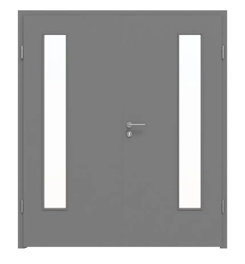 Widok frontowy marki LEBO, drzwi dwuskrzydłowe, ultramatowy szary stalowy podobny do RAL 7037 Lebosense z przeszkleniem LA 24 po stronie zawiasów, w tym ościeżnica.