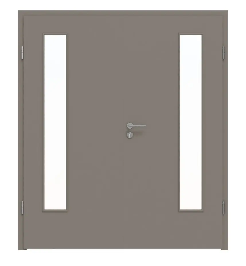 Widok frontowy drzwi dwuskrzydłowych marki LEBO, ultramatowy taupe (kolor ciemnoszaro-brązowy) Lebosense z przeszkleniem LA 24 po stronie zawiasów wraz z ościeżnicą.