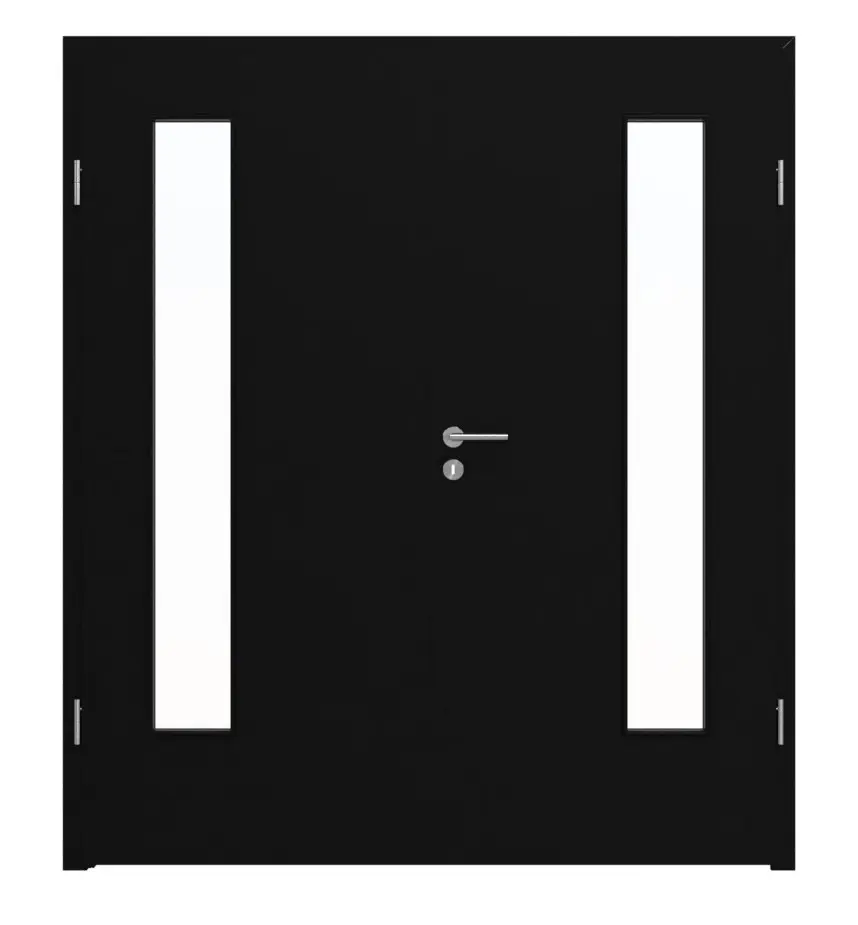 Widok frontowy drzwi dwuskrzydłowych marki LEBO, czarny ultramatowy, podobny do RAL 9005, Lebosense z przeszkleniem LA 24 po stronie zawiasów, w zestawie z ościeżnicą.