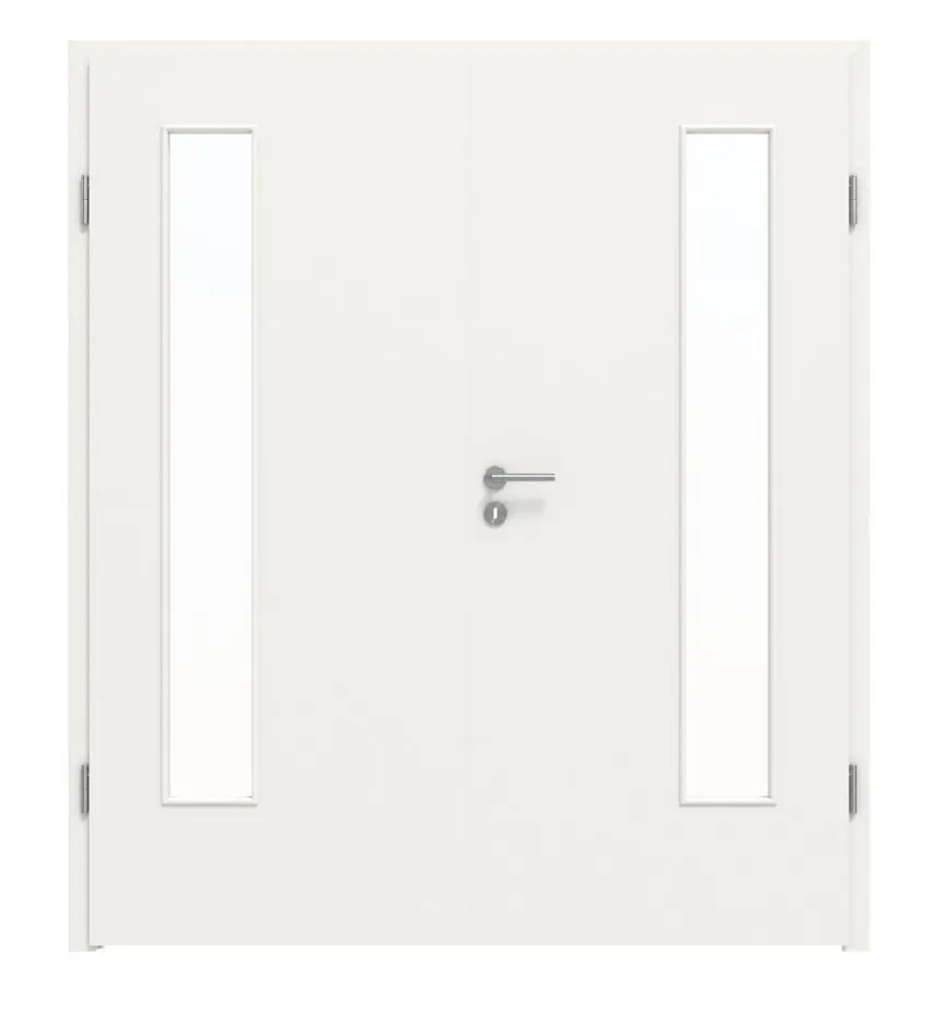 Widok frontowy drzwi dwuskrzydłowych LEBO, biel ultramatowa podobna do RAL 9016, Versio z przeszkleniem LA 24 po stronie zawiasów, w zestawie z ościeżnicą.