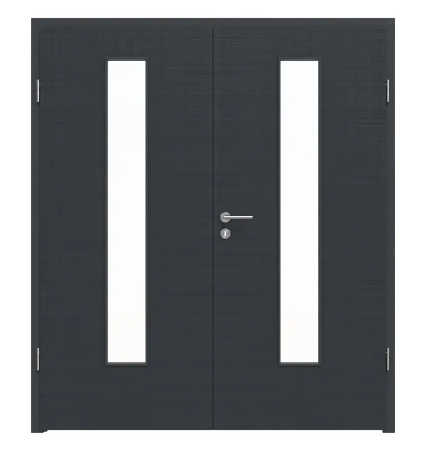 Widok frontowy drzwi dwuskrzydłowych LEBO Textile antracyt podobny do RAL 7016 Lebosense z przeszkleniem LA 24 na środku z ościeżnicą
