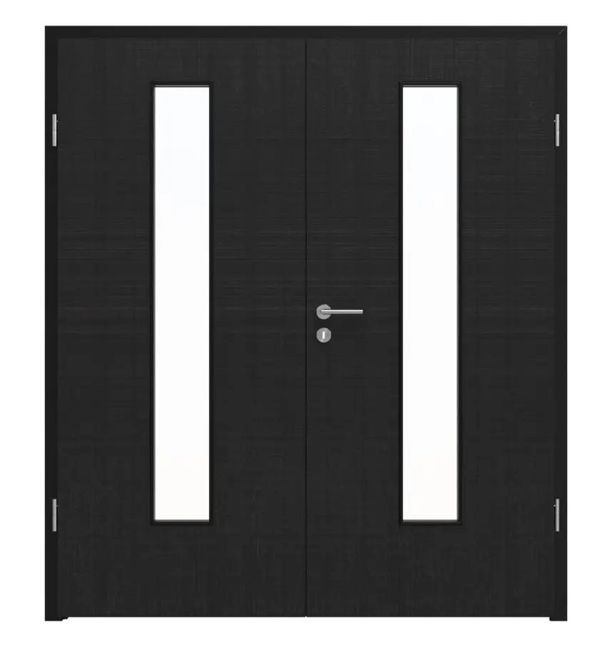 Widok frontowy drzwi dwuskrzydłowych LEBO Textile czarny podobny do RAL 9005 Lebosense z przeszkleniem LA 24 na środku z ościeżnicą