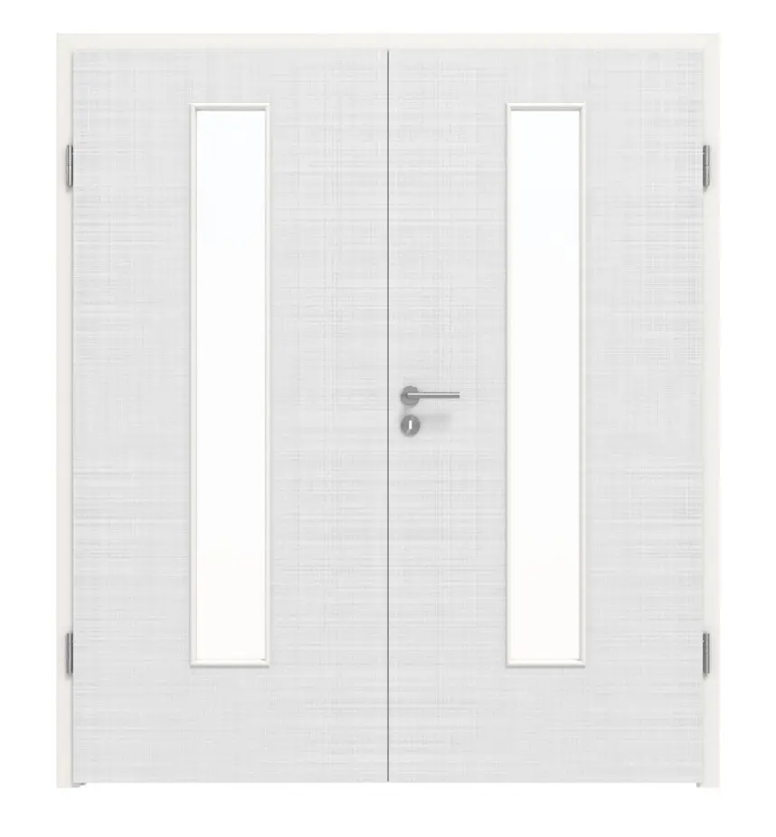 Widok frontowy marki LEBO drzwi dwuskrzydłowe Textile biały beskidzki podobny do RAL 9016 Lebosense z przeszkleniem LA 24 na środku w zestawie z ościeżnicą