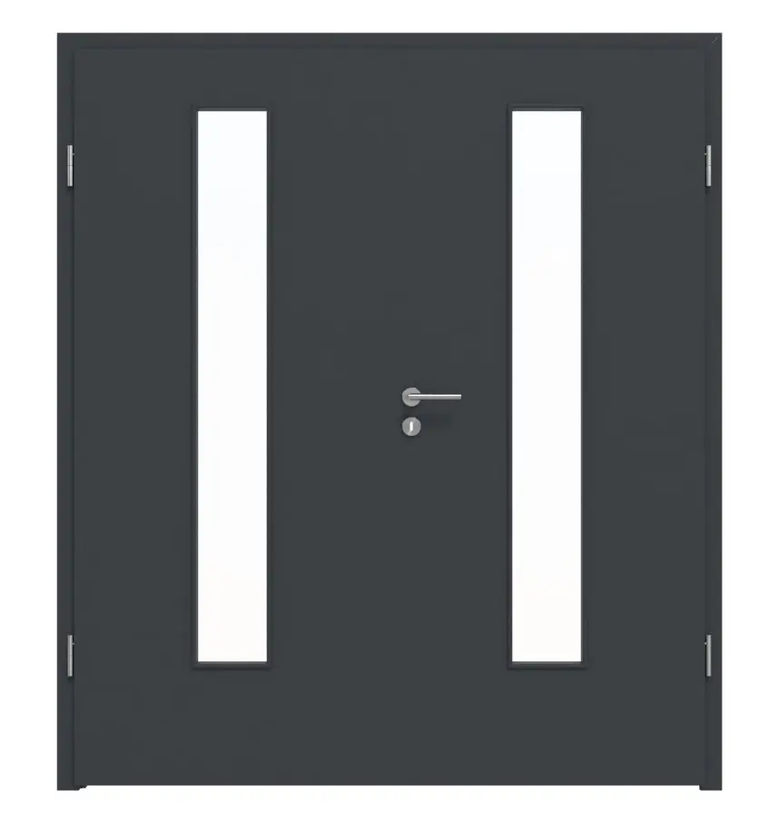 Widok frontowy marki LEBO, drzwi dwuskrzydłowe, ultramatowy antracyt podobny do RAL 7016, Lebosense z przeszkleniem LA 24 na środku, wraz z ościeżnicą.