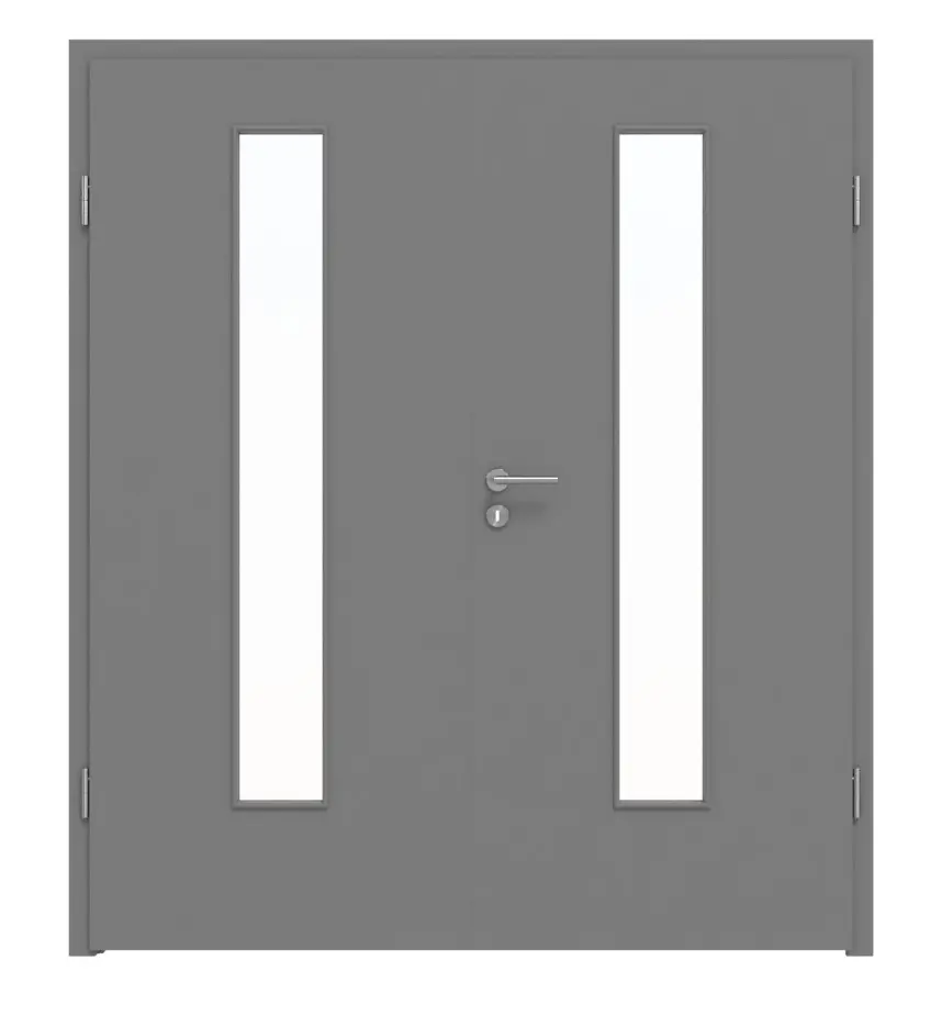Widok frontowy marki LEBO, drzwi dwuskrzydłowe, ultramatowy szary stalowy podobny do RAL 7037, Lebosense z przeszkleniem LA 24 na środku z ościeżnicą.
