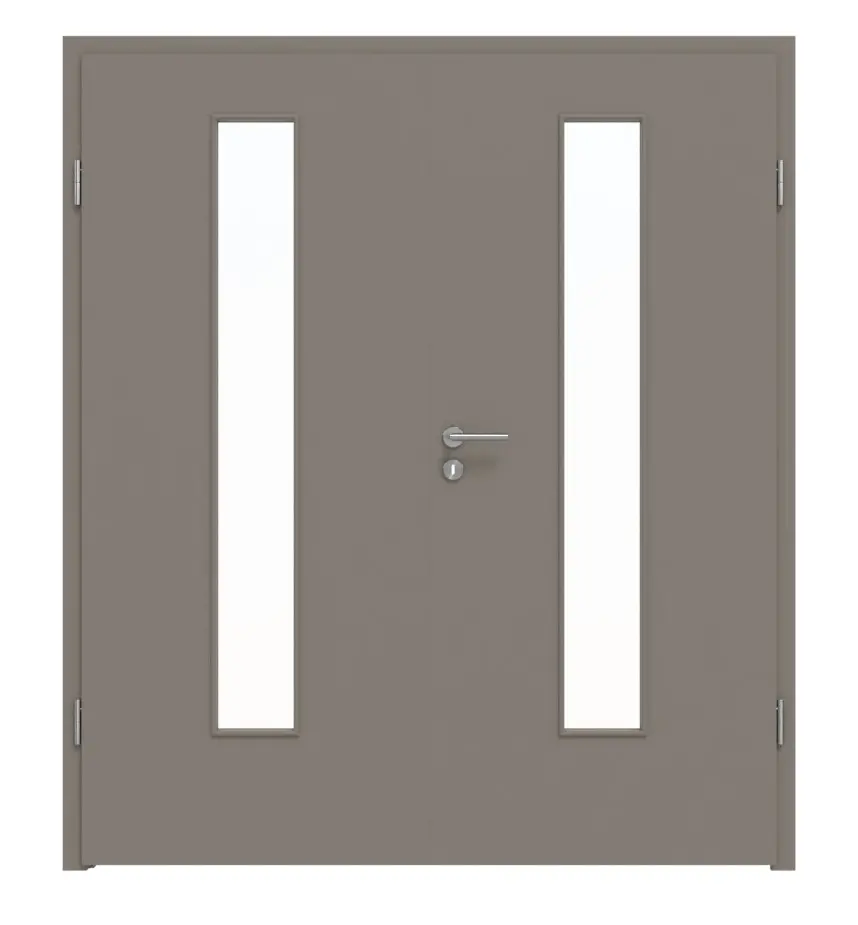 Widok frontowy 2-skrzydłowych drzwi LEBO, ultramatowy taupe (kolor ciemnoszaro-brązowy) Lebosense z przeszkleniem LA 24 na środku, z ościeżnicą.
