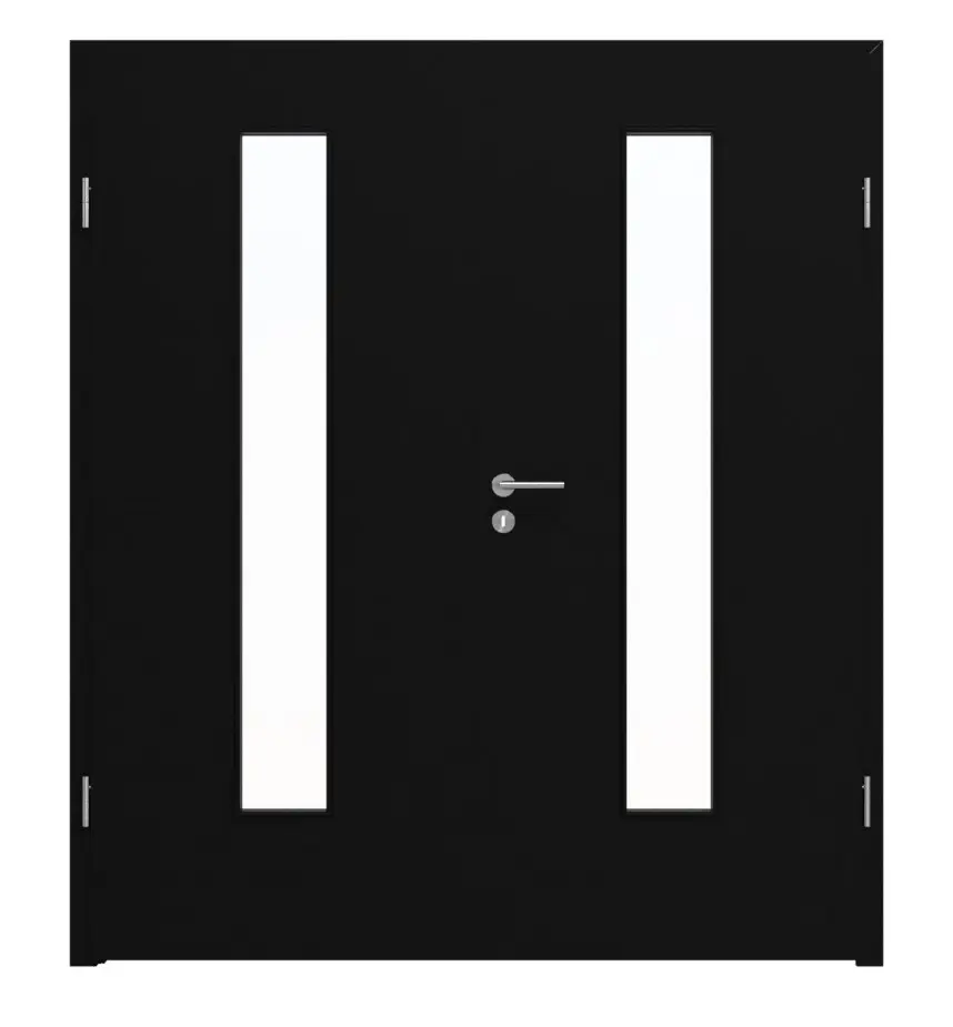 Widok frontowy drzwi dwuskrzydłowych marki LEBO, czarny ultramatowy podobny do RAL 9005, Lebosense z przeszkleniem LA 24 na środku, z ościeżnicą.