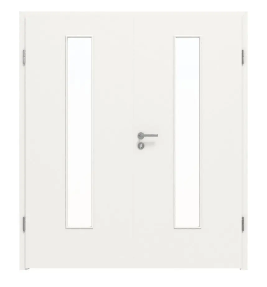 Widok frontowy drzwi dwuskrzydłowych LEBO, ultramatowy biały beskidzki podobny do RAL 9016, Lebosense z przeszkleniem LA 24 na środku, w tym ościeżnica.