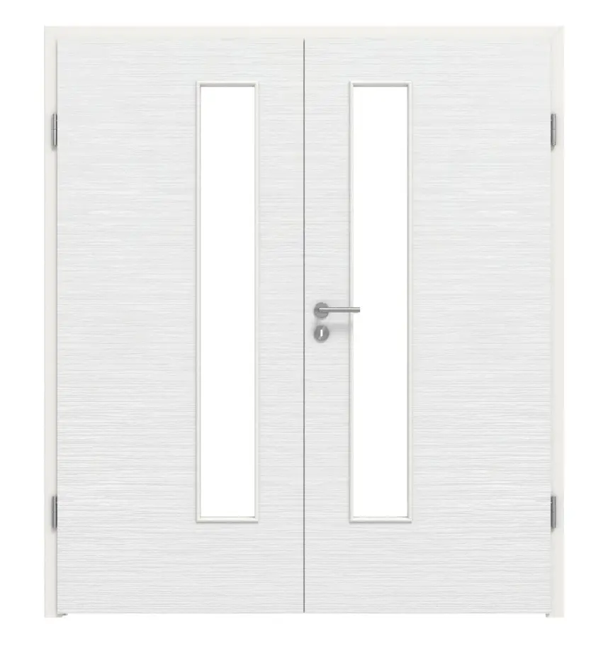 Widok frontowy marki LEBO, drzwi dwuskrzydłowe, szczotkowany biały beskidzki podobny do RAL 9016, Lebosense z przeszkleniem LA 24 od strony zamka, wraz z ościeżnicą.