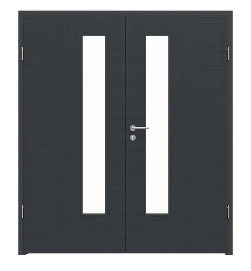 Widok frontowy drzwi dwuskrzydłowych LEBO Textile antracyt podobny do RAL 7016 Lebosense z przeszkleniem LA 24 od strony zamka w zestawie z ościeżnicą.