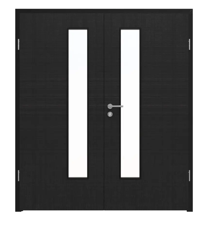 Widok frontowy drzwi dwuskrzydłowych marki LEBO, tkanina czarna, podobna do RAL 9005, Lebosense z przeszkleniem LA 24 od strony zamka, wraz z ościeżnicą.