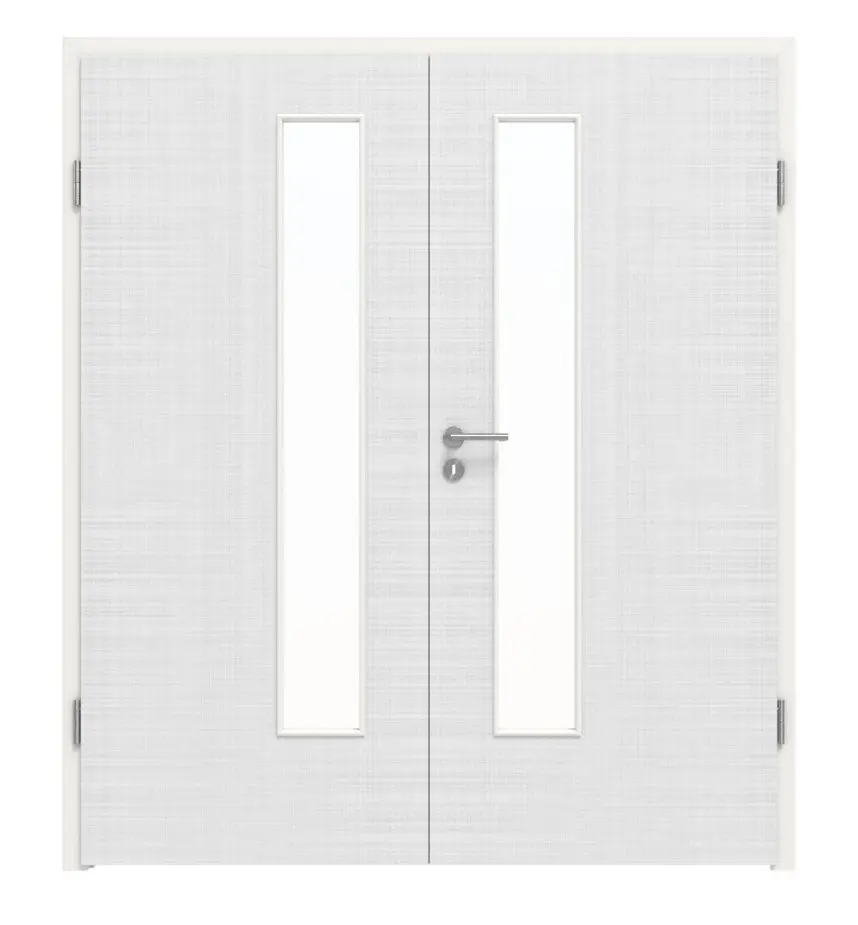 Widok frontowy drzwi dwuskrzydłowych LEBO Textile biały beskidzki podobny do RAL 9016 Lebosense z przeszkleniem LA 24 od strony zamka, wraz z ościeżnicą.