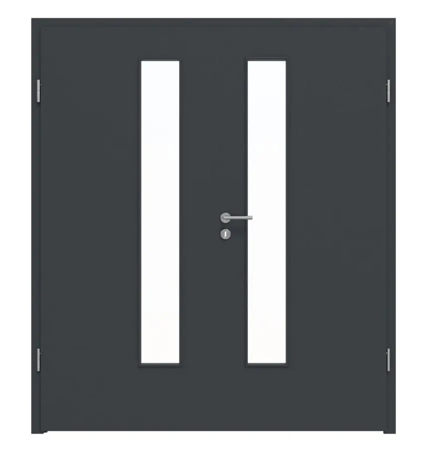 Widok frontowy drzwi 2-skrzydłowych marki LEBO, ultramatowy antracyt podobny do RAL 7016, Versio z przeszkleniem LA 24 od strony zamka wraz z ościeżnicą.
