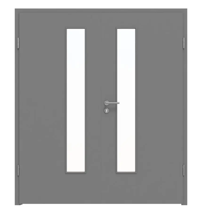 Widok frontowy drzwi dwuskrzydłowych marki LEBO, ultramatowy szary stalowy podobny do RAL 7037 Lebosense z przeszkleniem LA 24 od strony zamka, w tym ościeżnica.