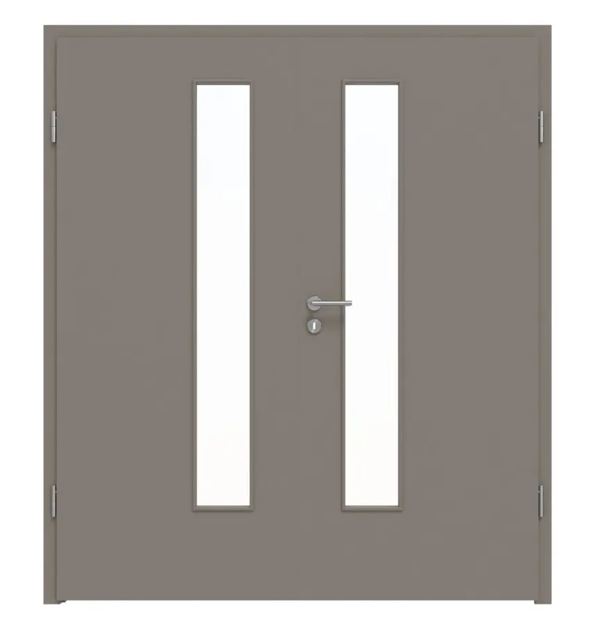 Widok frontowy LEBO drzwi dwuskrzydłowe ultramatowy taupe (kolor ciemnoszaro-brązowy) Lebosense z przeszkleniem LA 24 od strony zamka z ościeżnicą.