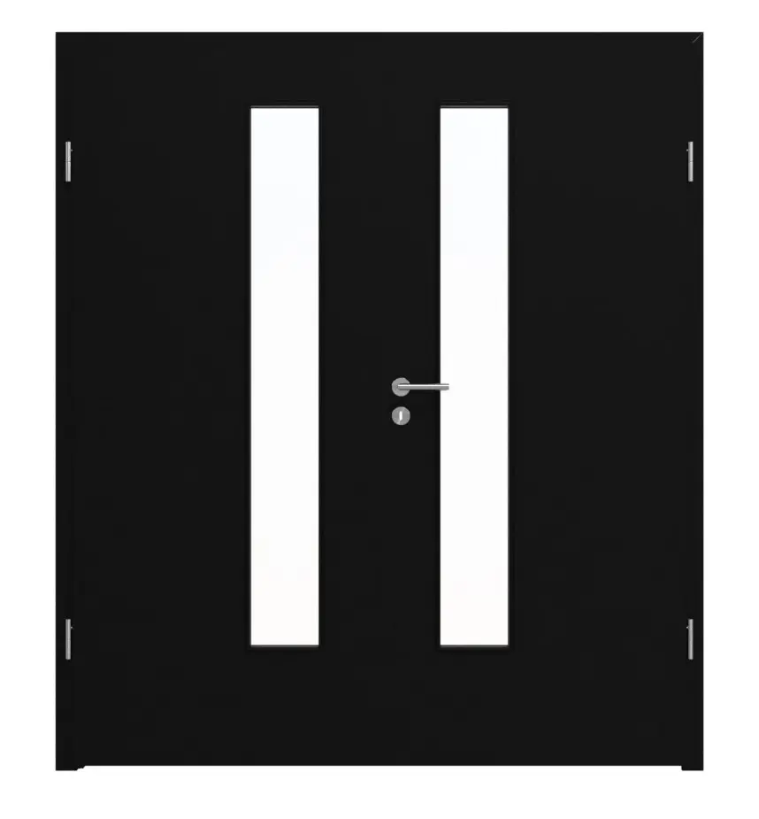 Widok frontowy marki LEBO, drzwi dwuskrzydłowe, czarny ultramatowy, podobny do RAL 9005, Lebosense z przeszkleniem LA 24 od strony zamka, wraz z ościeżnicą