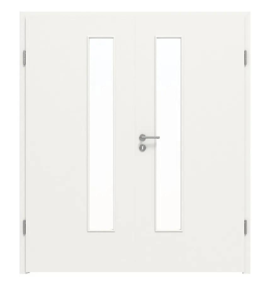 Widok frontowy marki LEBO, drzwi 2-skrzydłowe, ultramatowy biały beskidzki podobny do RAL 9016, Lebosense z przeszkleniem LA 24 od strony zamka wraz z ościeżnicą.