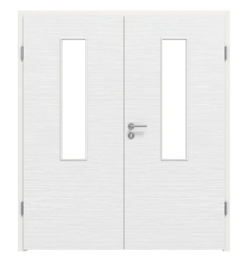Widok frontowy drzwi dwuskrzydłowych LEBO szczotkowane biały beskidzki podobny do RAL 9016 Lebosense z przeszkleniem LA 4 na środku wraz z ościeżnicą