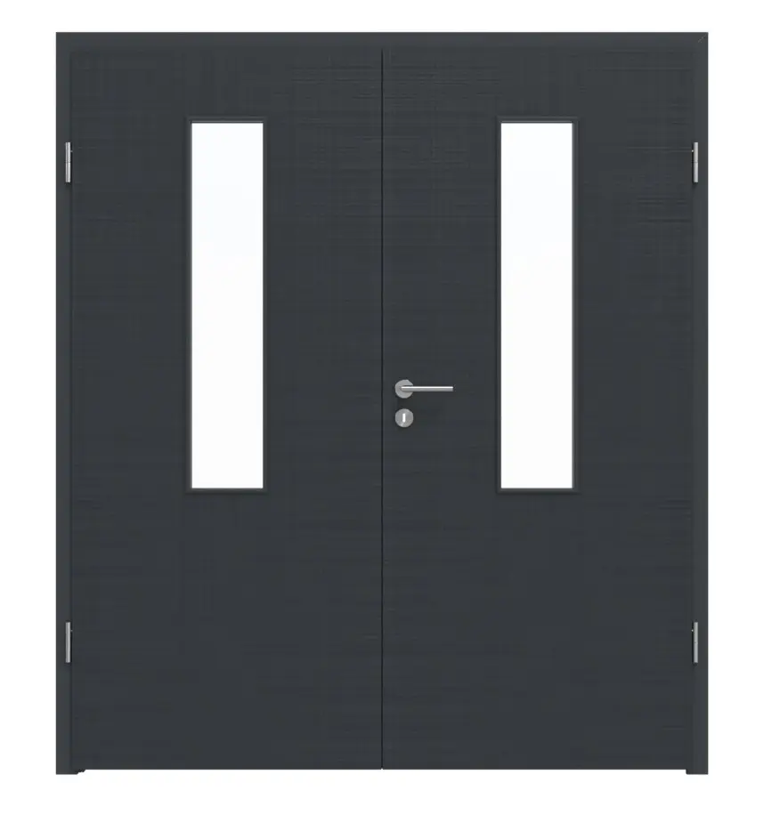 Widok frontowy LEBO drzwi dwuskrzydłowe Textile antracyt podobny do RAL 7016 Lebosense z przeszkleniem LA 4 na środku z ościeżnicą