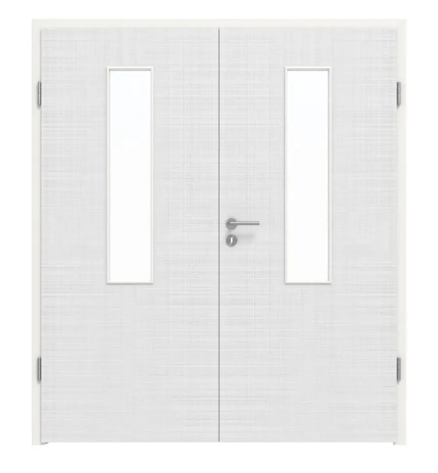 Widok frontowy drzwi dwuskrzydłowych marki LEBO tkanina biały beskidzki podobny do RAL 9016 Lebosense z przeszkleniem 4 LA na środku w tym ościeżnica.
