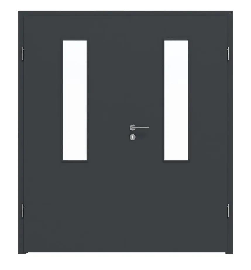 Widok frontowy marki LEBO, drzwi 2-skrzydłowe, ultramatowy antracyt podobny do RAL 7016 Lebosense z przeszkleniem 4 LA na środku z ościeżnicą