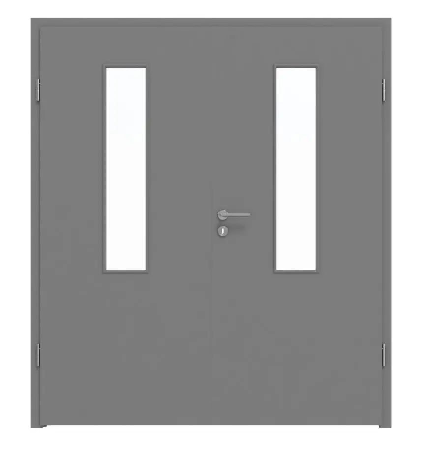 Widok frontowy marki LEBO, drzwi dwuskrzydłowe, ultramatowy szary stalowy podobny do RAL 7037, Lebosense, z przeszkleniem LA 4 na środku, z ościeżnicą.