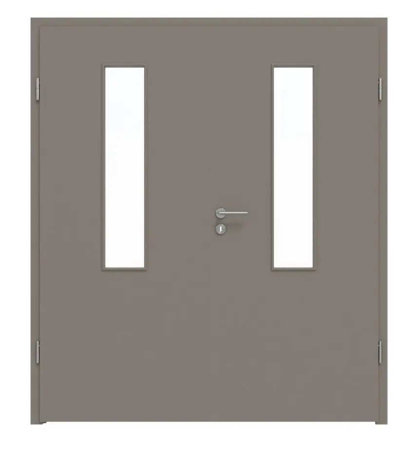 Widok frontowy drzwi dwuskrzydłowych marki LEBO, ultramatowy taupe (kolor ciemnoszaro-brązowy) Lebosense z przeszkleniem LA 4 na środku, wraz z ościeżnicą.